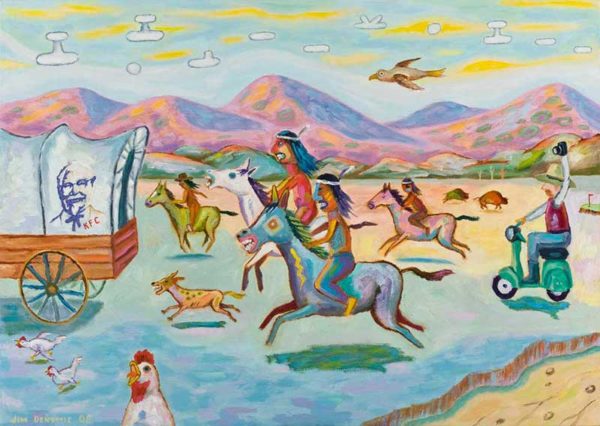 Jim Denomie, Ojibwe, born 1955, Edward Curtis, Paparazzi: Chicken Hawks, 2008, Oil on canvas, Museum Purchase: Eiteljorg Fellowship