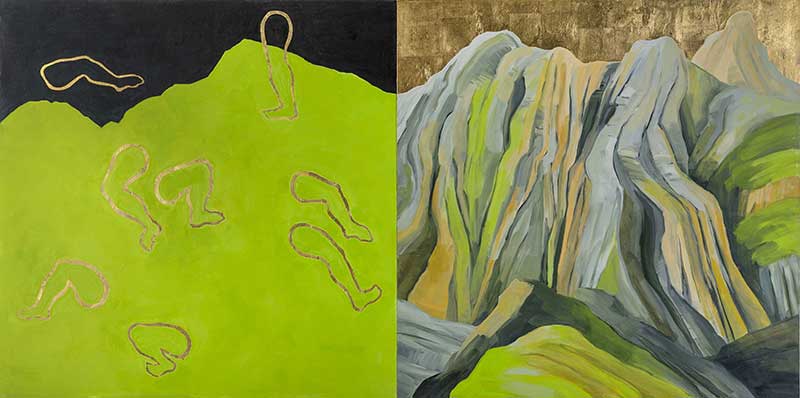 Kay WalkingStick (Cherokee, born 1935), Le Alpi e Le Gambe, 1999, Oil and gold leaf on wood, Museum Purchase: Eiteljorg Fellowship