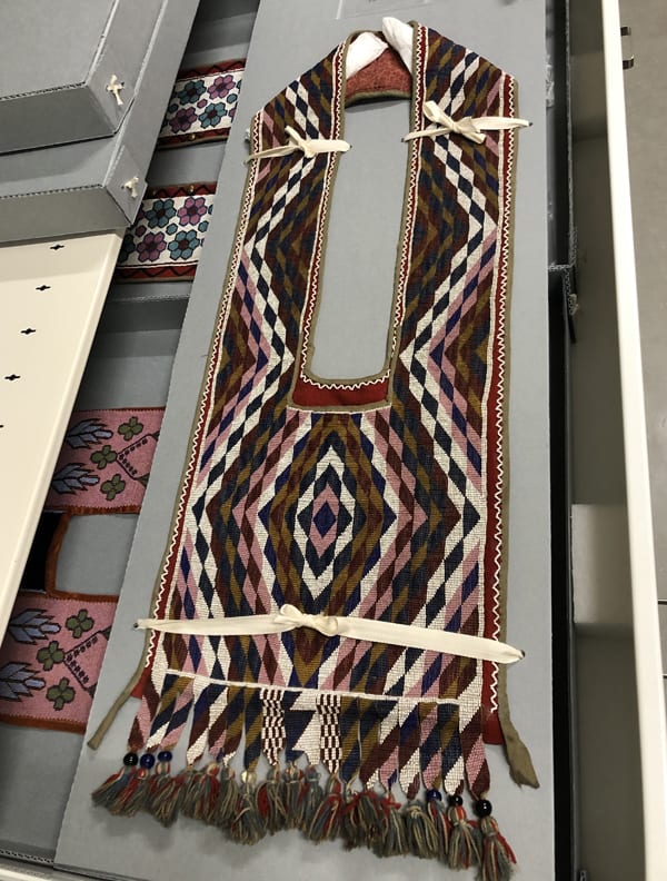 Potawatomi Artist Bandolier bag Loom woven beadwork; glass beads, wool cloth, wool yarn, wool fox braid, cotton cloth Museum purchase with funds provided by a grant from Lilly Endowment Inc.