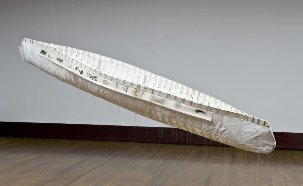Bonnie Devine (Ojibwe Serpent River First Nation, born 1952) Canoe, 2003 Graphite on paper, thread, twine, beads. Museum purchase from the Eiteljorg Contemporary Art Fellowship