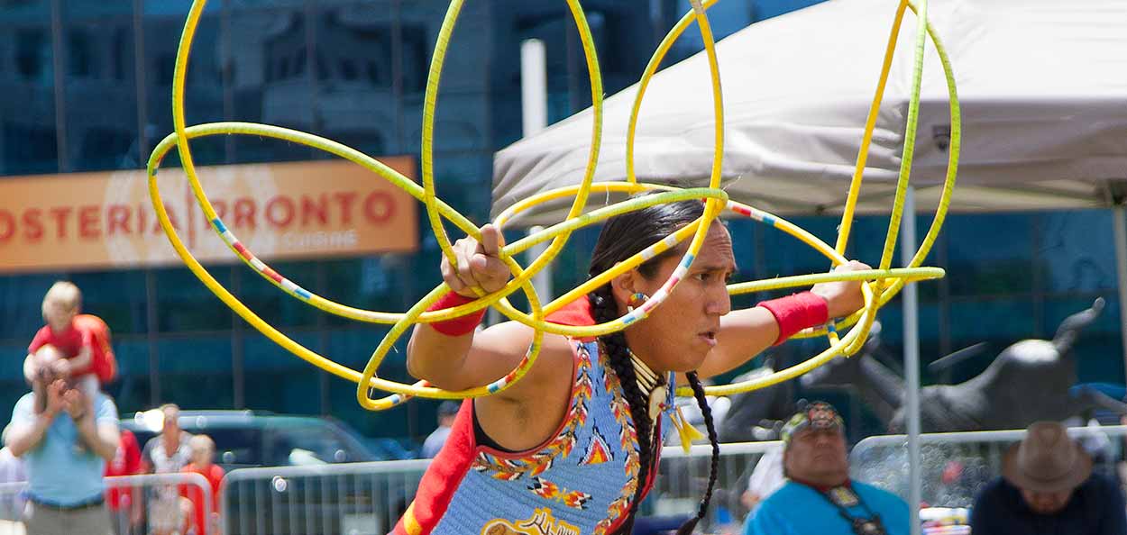 Native American hoop dancer performing at a festival