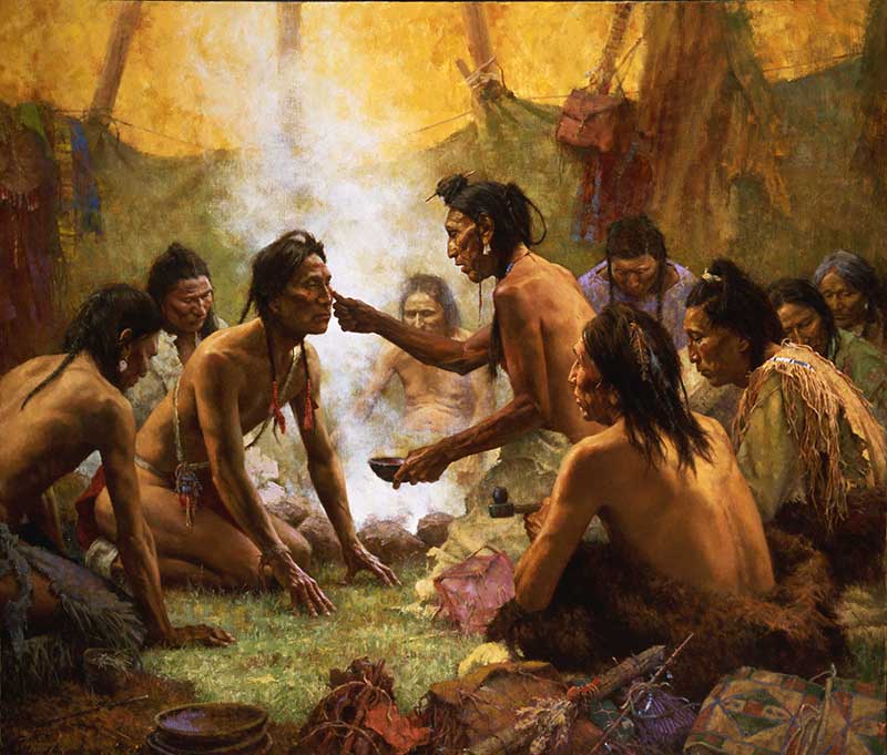 Howard Terpning (American, born 1927), Blessing From the Medicine Man, 2001, Oil on canvas, Museum purchase with funds provided by the Western Art Society Founders
