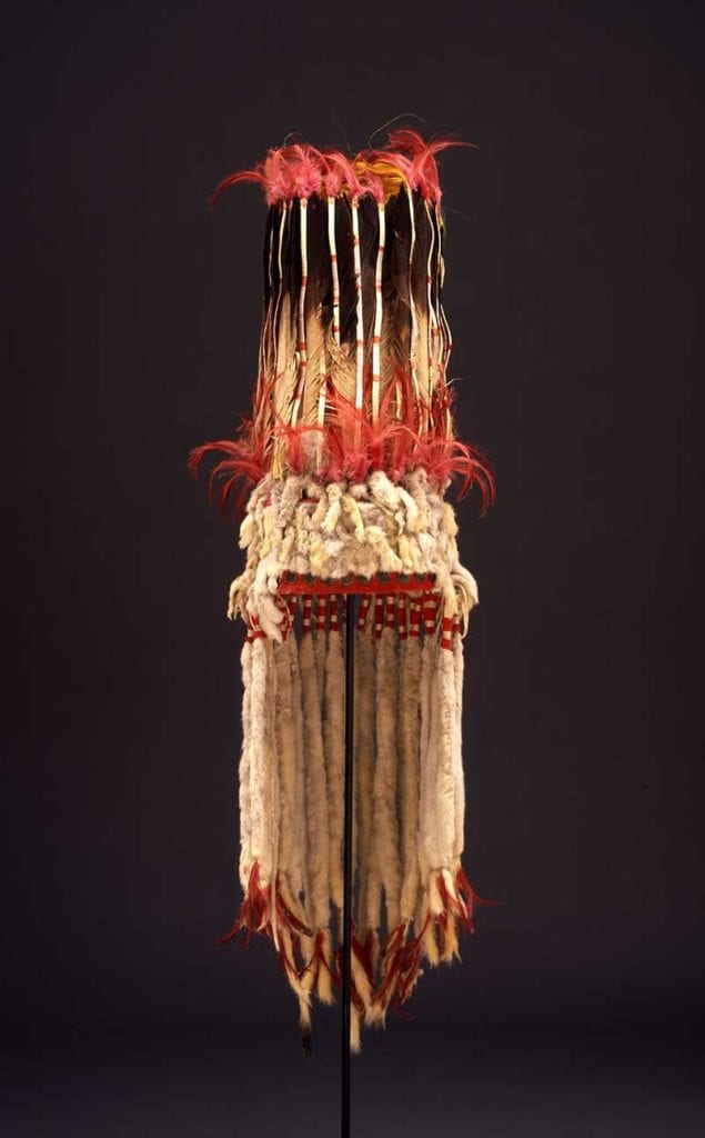 Unknown Blackfeet artist, Headdress, ca. 1870, Stroud cloth, quills, ermine, horsehair, Golden Eagle feathers, Gift: Courtesy of Harrison Eiteljorg