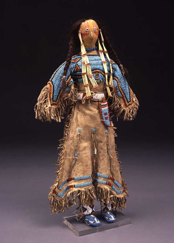Unknown Lakota artist, Doll, late 19th century, Cloth, leather, glass beads, hair, paint, Gift: Courtesy of Harrison Eiteljorg
