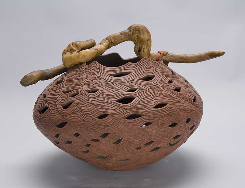 Richard Zane Smith (Wyandot, born 1955), Vessel, 2006, Clay, wood, leather, Gift: Courtesy of Helen Cox Kersting in Memory of Dr. Hans Joachim Kersting