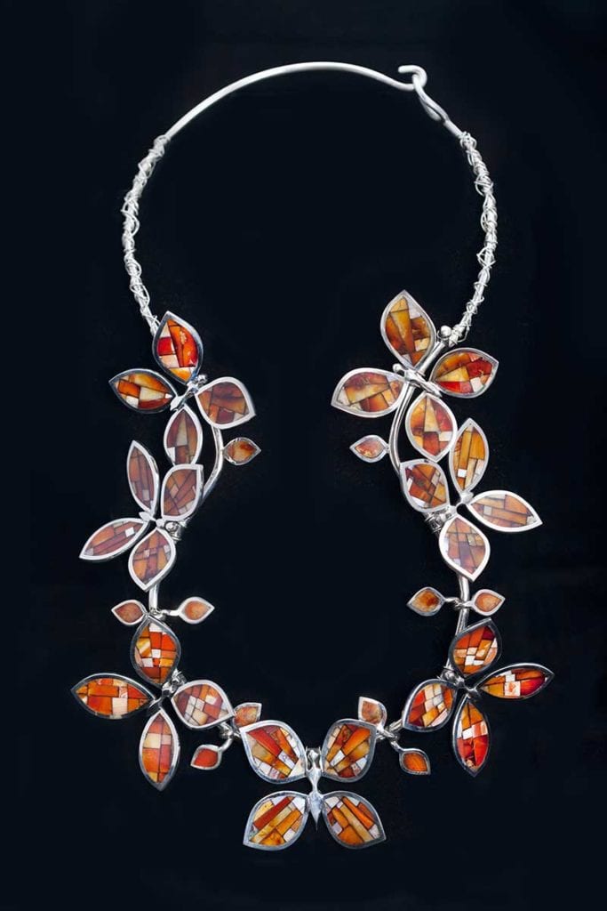 Colin Coonsis (Zuni, born 1981), Spread Your Wings like Fire, 2009, Silver, Mexican fire opal, Gift: Courtesy of Helen Cox Kersting in Memory of Dr. Hans Joachim Kersting