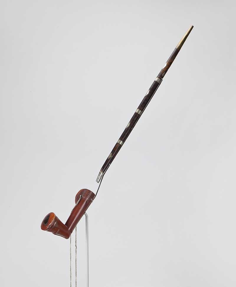 Unknown Miami artist, Pipe and Stem, late 18th-early 19th century, Catlinite, maple, German silver, Museum Purchase, made possible by the generosity of Harrison Eiteljorg and William F. Berry