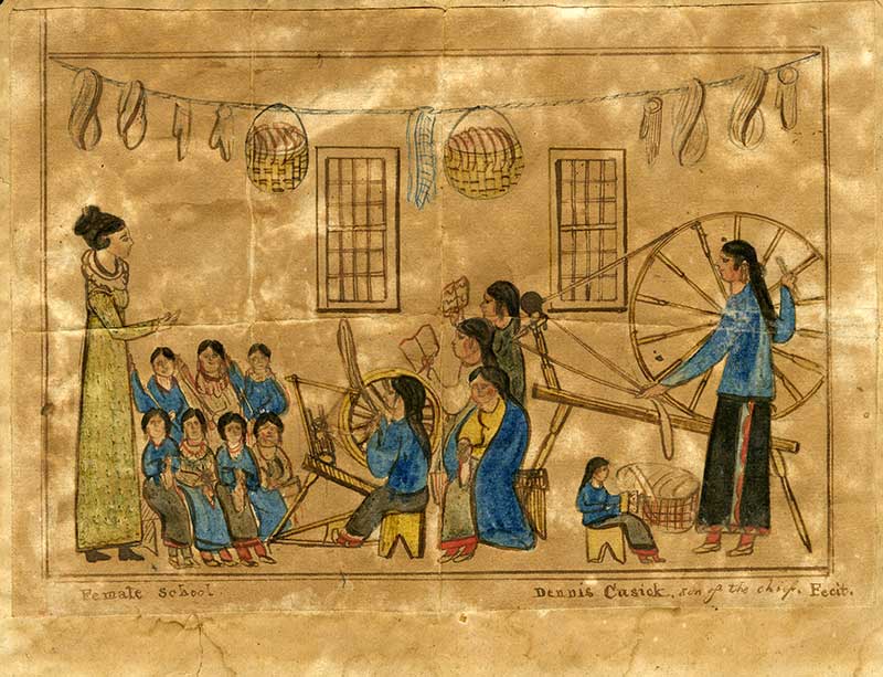 Denis Cusick "Son of Chief" (Tuscarora, ca. 1799-ca. 1824), Female School, ca. 1821, Watercolor, ink, and graphite on machine-made paper, Museum Purchase with funds provided by The Gund Collection of Western Art