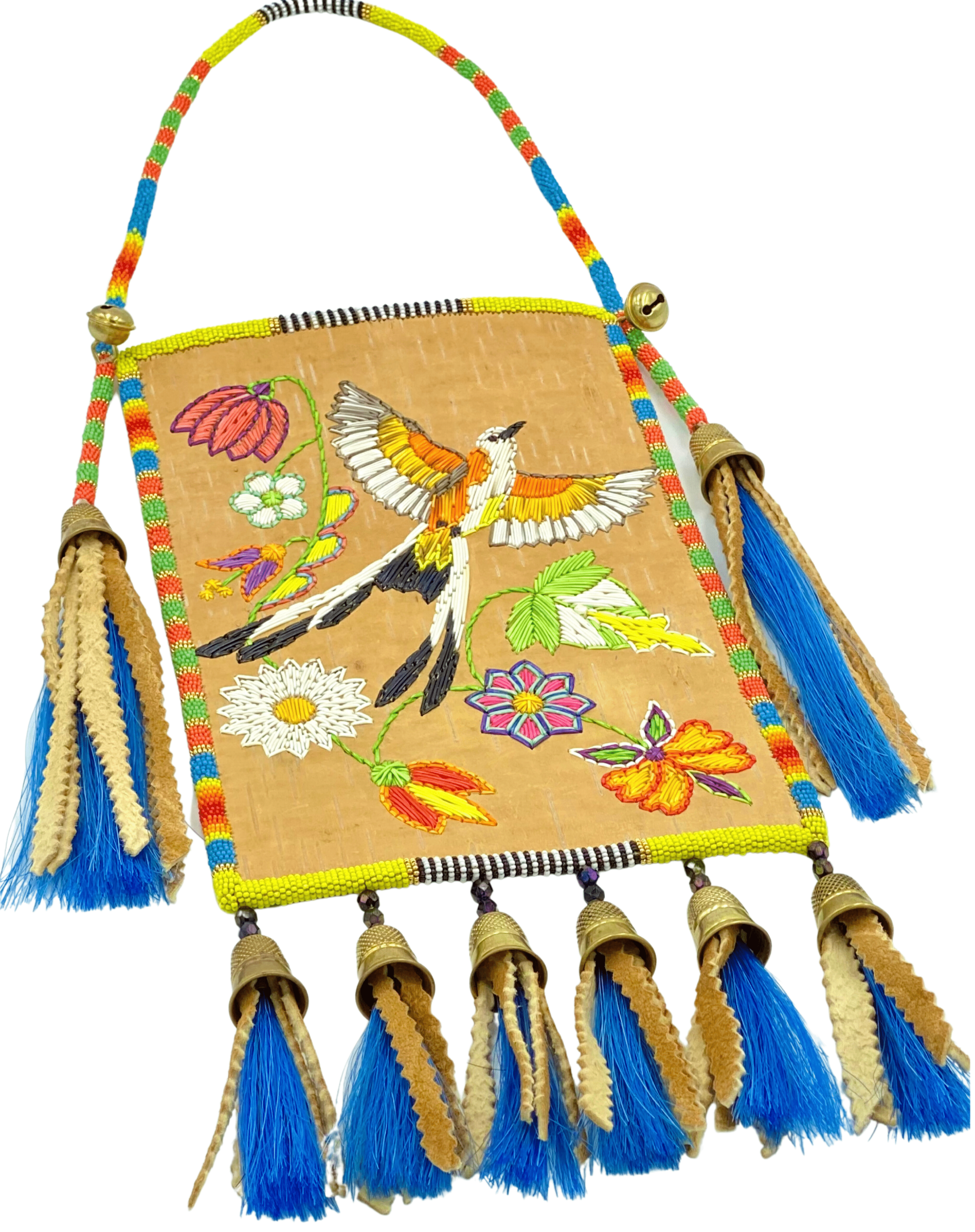 Monica Jo Raphael, Nuh-Mah-Nuh Daawina Akiin (Homelands of the Comanche People), 2020, birch bark, natural and dyed porcupine quills, antique and 24k gold Czech seed beads, antique brass thimbles and hawk bells, black fire polished antique glass beads, dyed horsehair, and traditionally brain-tanned and smoked deer hide. Hood Museum of Art, Dartmouth: Purchased through the Phyllis and Bertram Geller 1937 Memorial Fund; 2022.59. Image courtesy of the artist. © Monica Jo Raphael