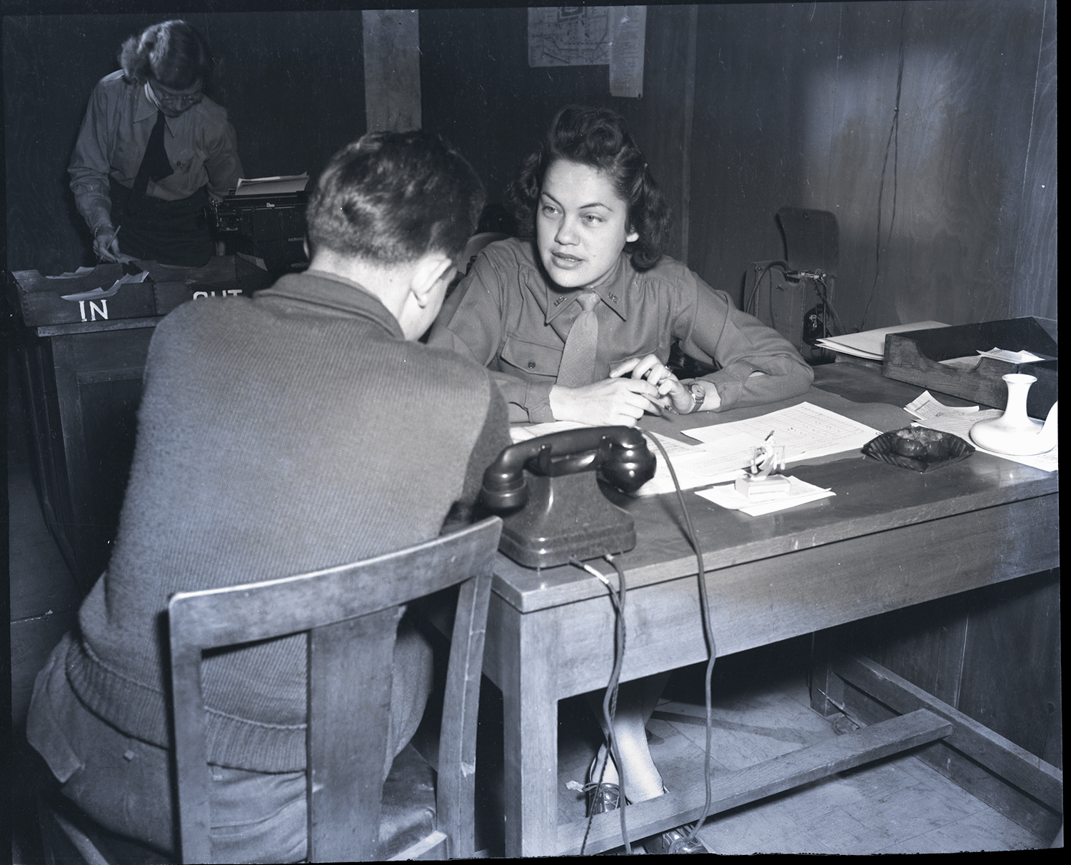 Grace Thorpe (Sac and Fox, 1921–2008) at work in General MacArthur’s headquarters in Tokyo, Japan, in December 1945. Grace Thorpe collection (NMAI.AC.085), Negative Box 8, Item 19, National Museum of the American Indian