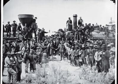 Andrew J. Russel East and West Shaking Hands at the Laying of the Last Rail, May 10, 1869 Central Pacific Railroad, Union Pacific Railroad, now abandoned Oakland Museum of California, H69.459.2030